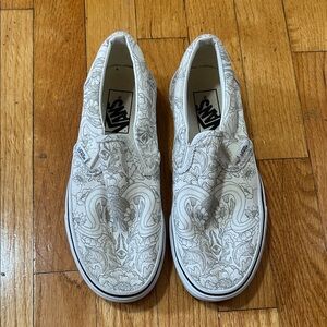 Vans White and Gray Patterned Slip-Ons